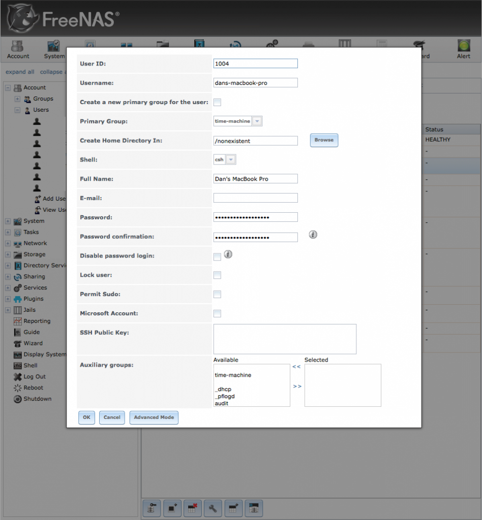 FreeNAS Create User Dialog