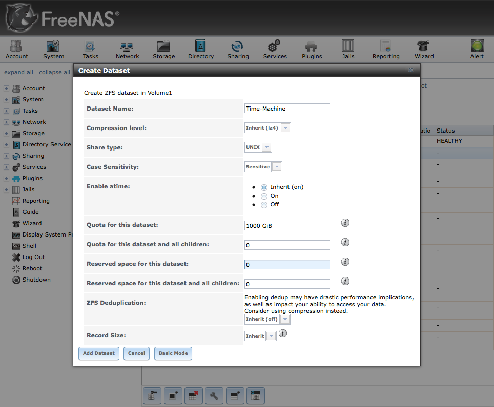 FreeNAS Create ZFS Dataset Dialog